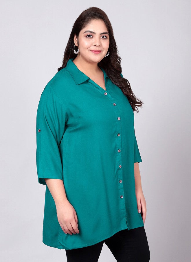 Indietoga Plus Size Classic Spread Collar Longline Casual Shirt - Image 3